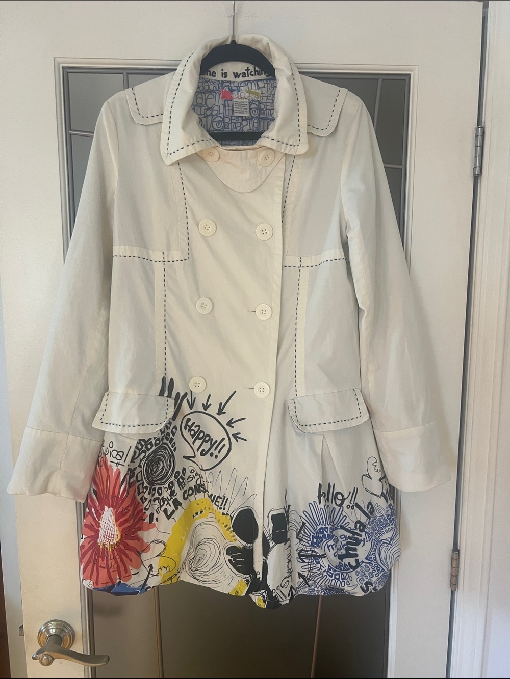 Desigual Ivory Graffiti Floral Trench Coat Size 40 - Picture 2 of 12